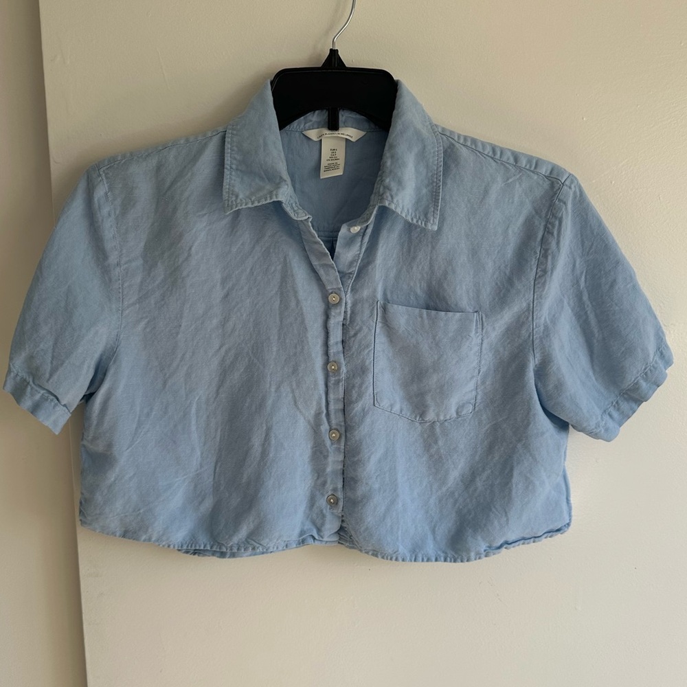 H&M Sky Blue Button-Up Crop  Top Linen And Viscose